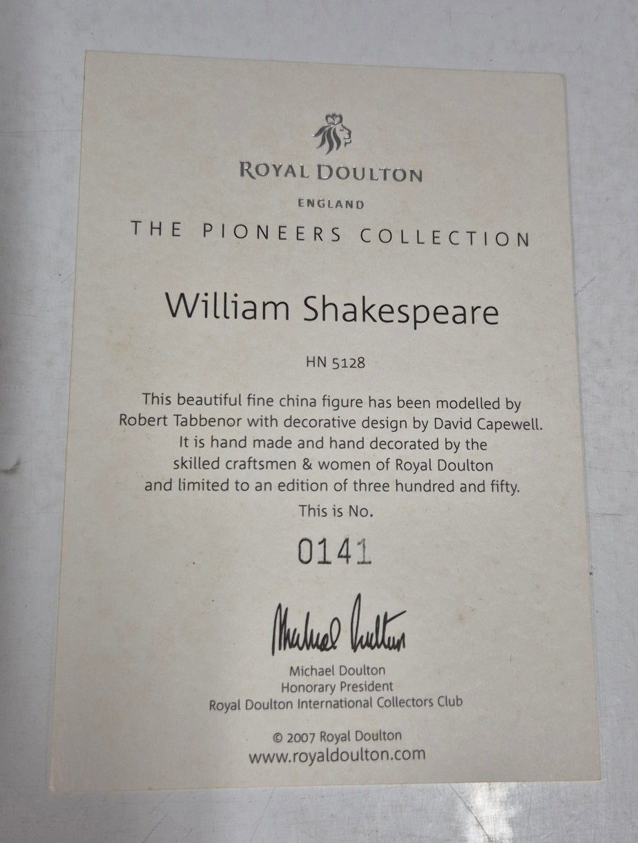 William Shakespeare HN5128 Royal Doulton The Pioneers Collection. Limited Edition #0141 of only 350 pieces world wide. Hand made and Hand painted in England. Personally signed by Michael Doulton.