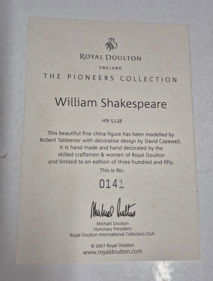 William Shakespeare HN5128 Royal Doulton The Pioneers Collection. Limited Edition #0141 of only 350 pieces world wide. Hand made and Hand painted in England. Personally signed by Michael Doulton.