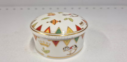 Royal Baby Round Box made in England. Hand painted bone china, with 22ct Gold accents