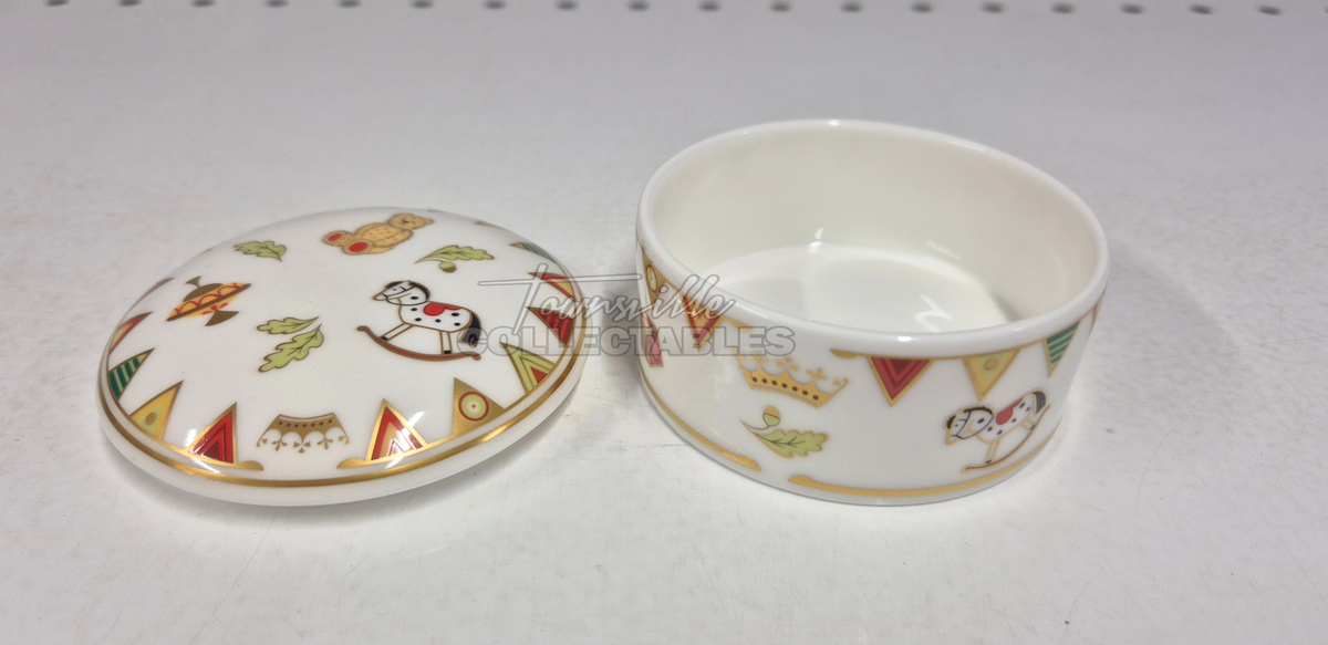 Royal Baby Round Box made in England. Hand painted bone china, with 22ct Gold accents