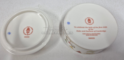 Royal Baby Round Box made in England. Hand painted bone china, with 22ct Gold accents