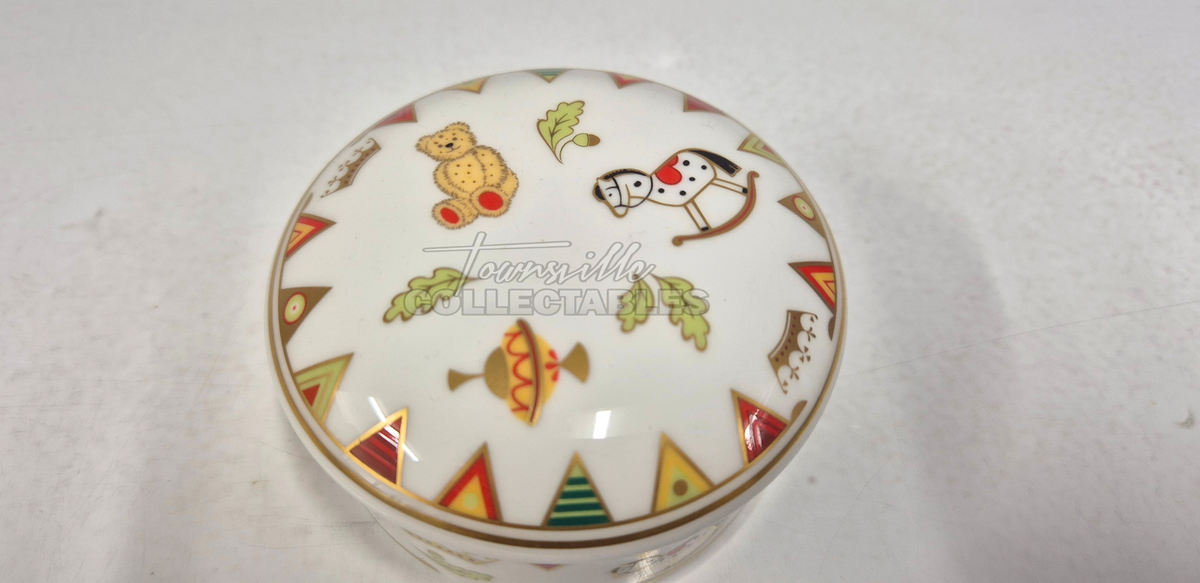 Royal Baby Round Box made in England. Hand painted bone china, with 22ct Gold accents