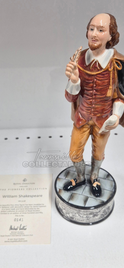 William Shakespeare HN5128 Royal Doulton The Pioneers Collection. Limited Edition #0141 of only 350 pieces world wide. Hand made and Hand painted in England. Personally signed by Michael Doulton.